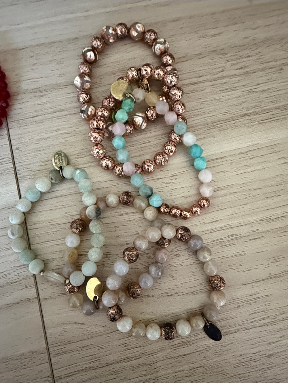 Stackable Mixed Beaded Bracelet Set in Mint, Red and Rose Gold Tones - Picture 3 of 4